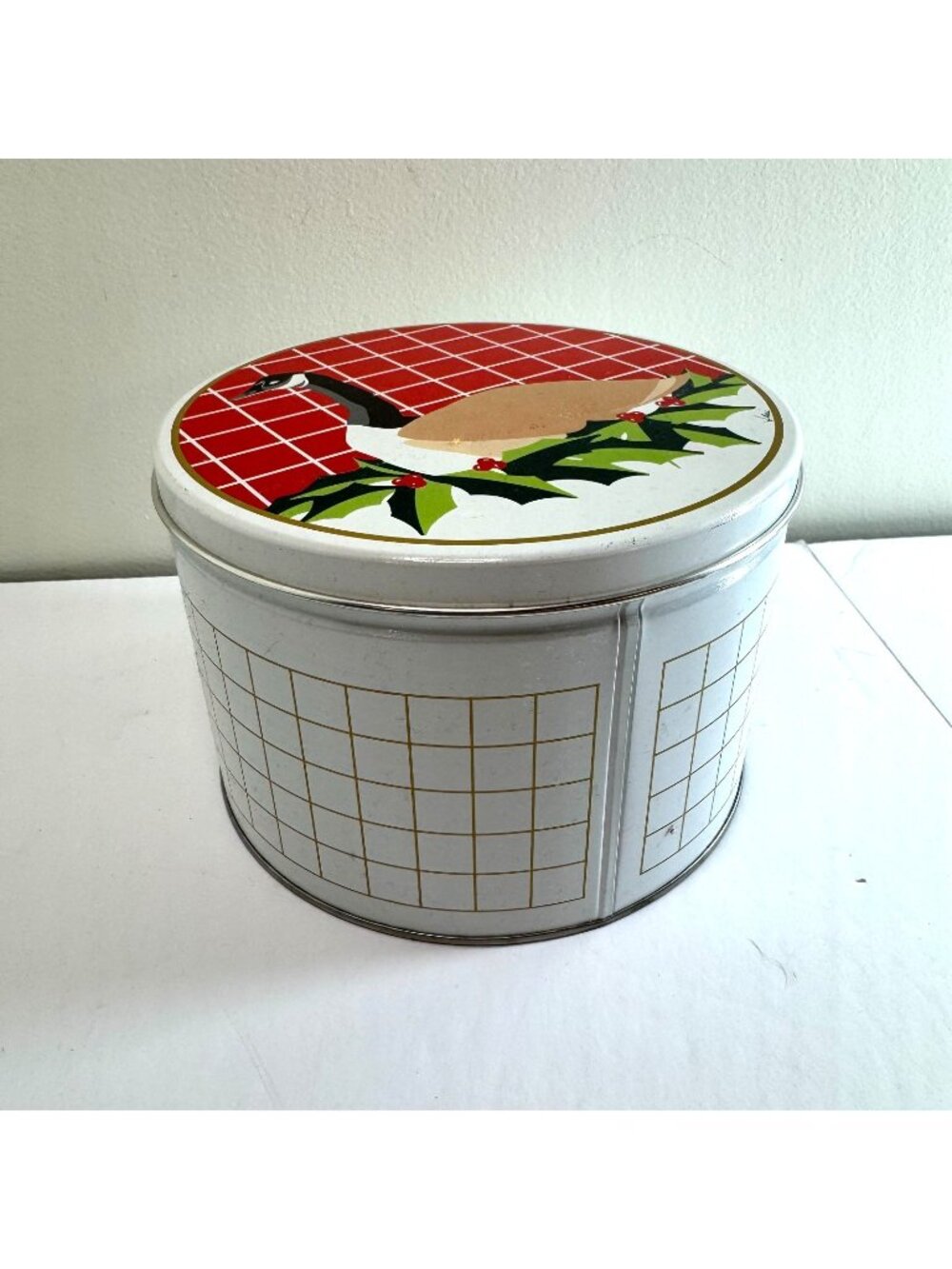 Vintage Holiday Tin Canada Goose with Holly Design Red Grid Lid Retro Christmas